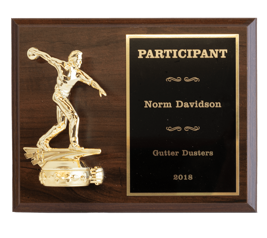Bowling plaque with name plate saying, 'Participant: Norm Davidson, Gutter Dusters, 2018'