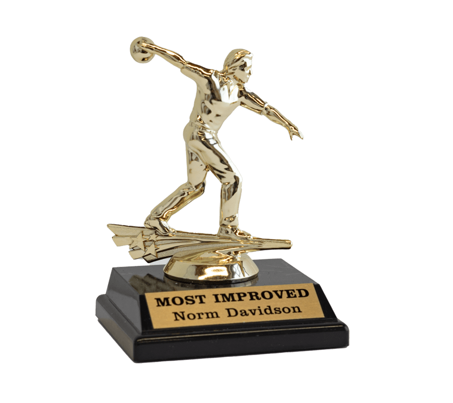 Bowling trophy with name plate saying, 'Most Improved: Norm Davidson'